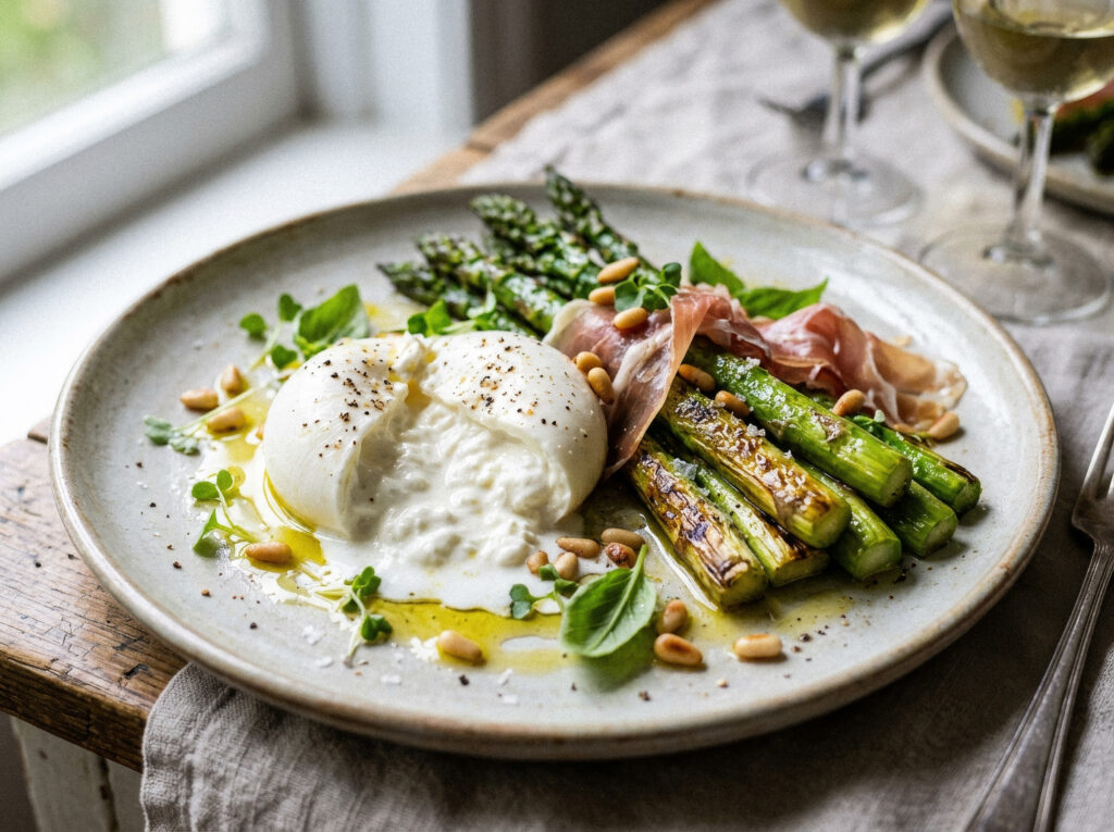 Smörstekt sparris med burrata, parmaskinka och rostade pinjenötter