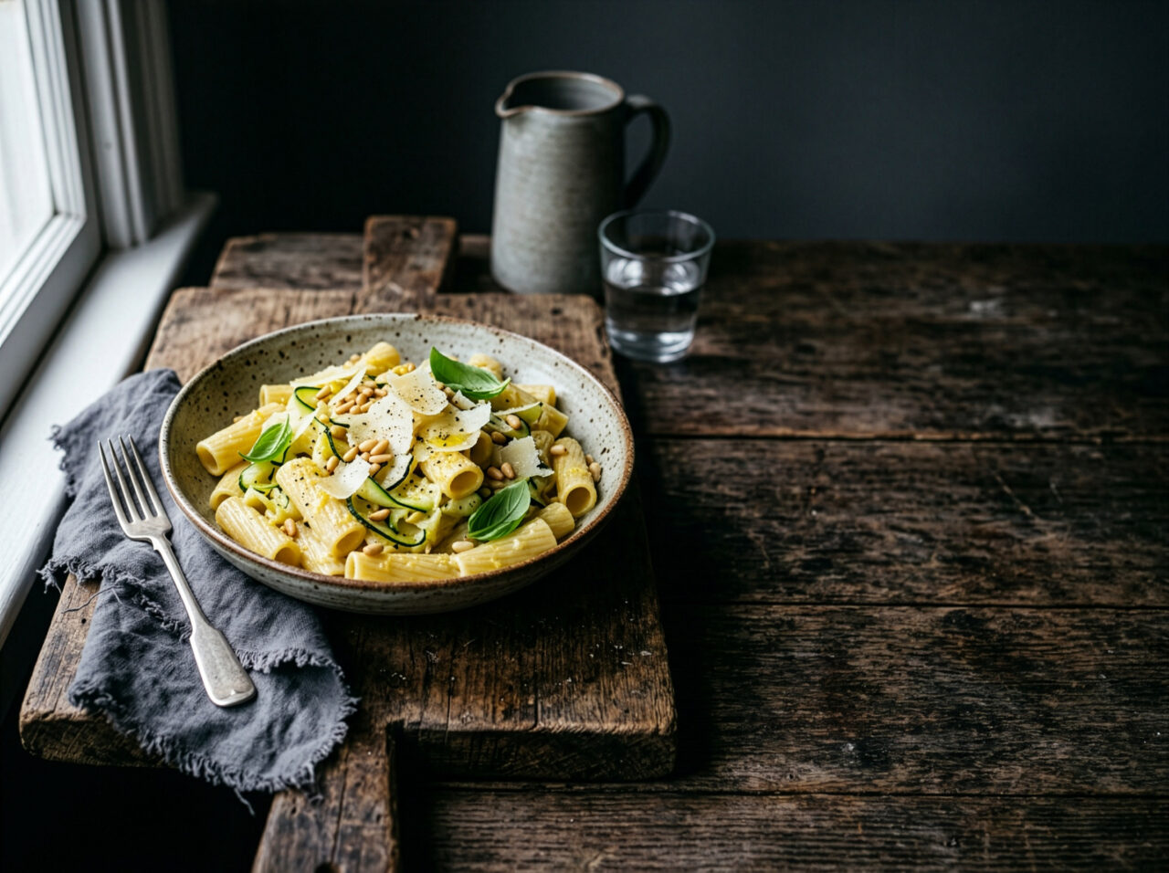 Pasta med zucchini, citron, pinjenötter och parmesan